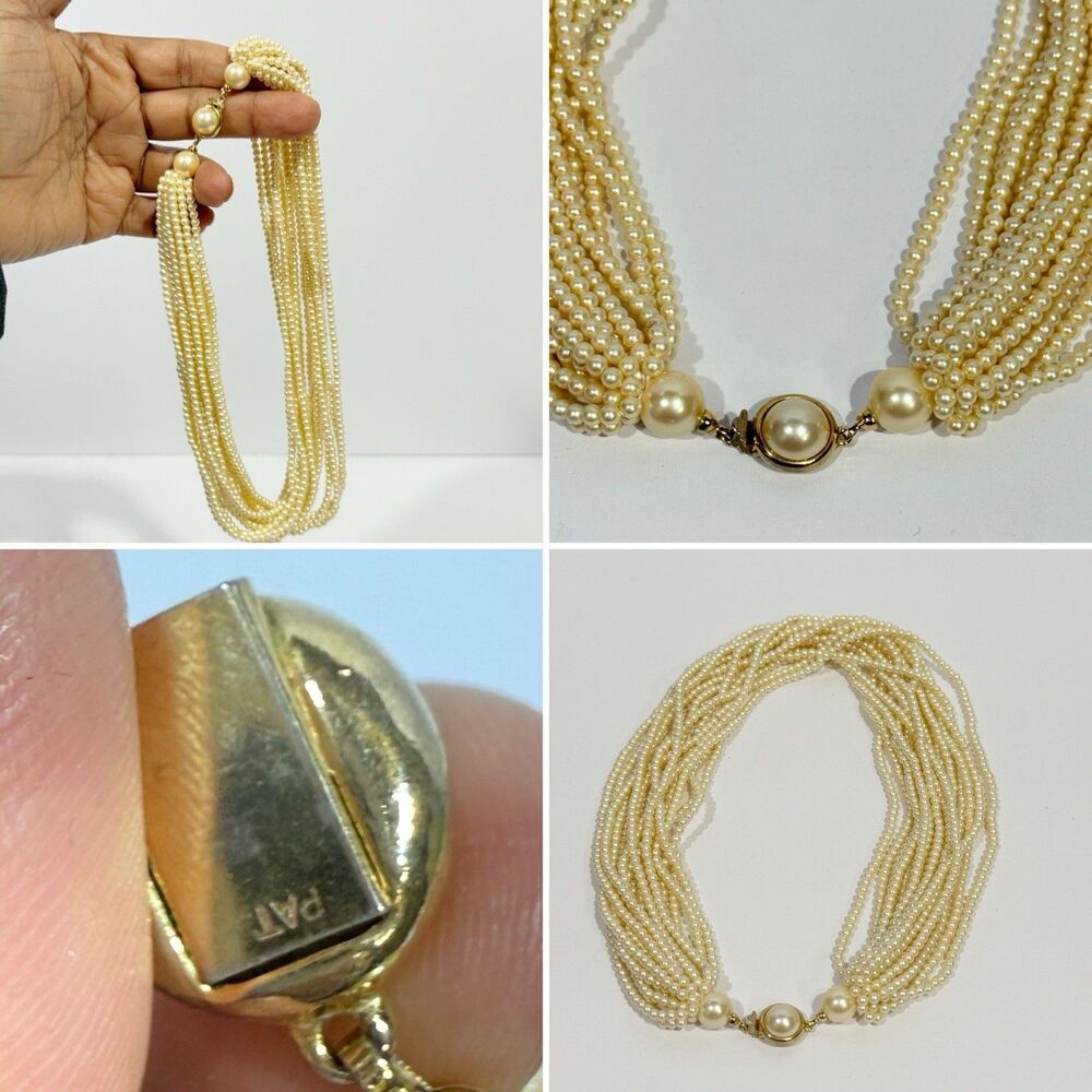 Vintage 10-Strand Faux Pearl Necklace with Patented Gold-Tone Clasp - Picture 14 of 16